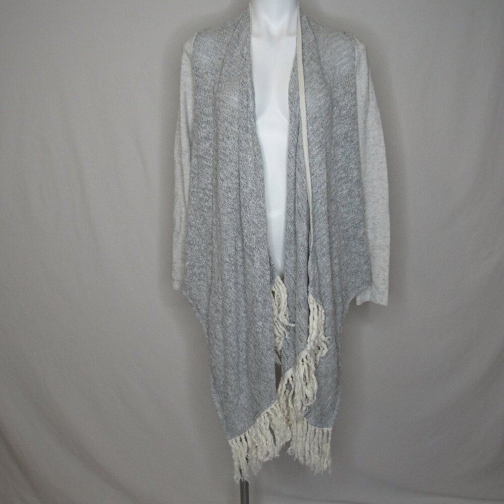 Lucky Brand Lotus Gray Fringed Knit Draping Cardigan Sweater Women's M Medium